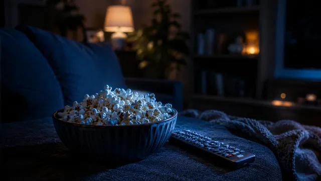 A bowl of popcorn and a remote control on a couch, lit by a television's glow in a dark living room