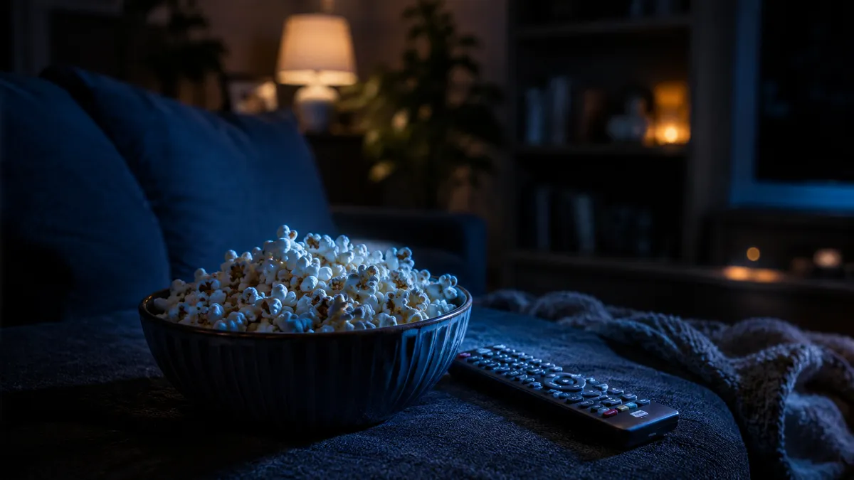 A bowl of popcorn and a remote control on a couch, lit by a television's glow in a dark living room
