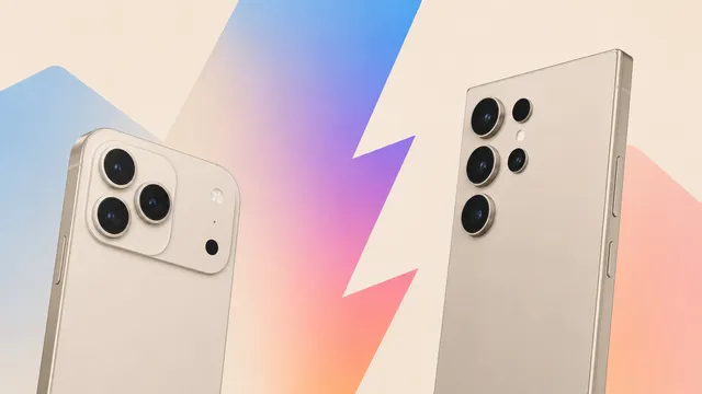 Illustrated split graphic contrasting a triple-camera phone styled after the iPhone 17 Pro with a quad-camera phone styled after the Galaxy S26 Ultra